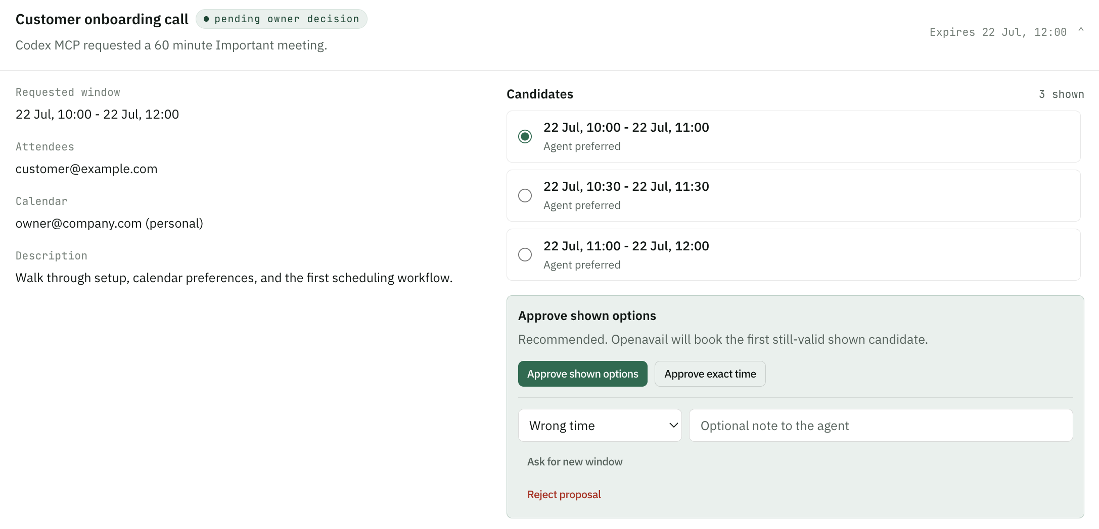 Openavail booking approval showing a request from Codex MCP, three candidate times, and owner controls to approve, revise, or reject the proposal
